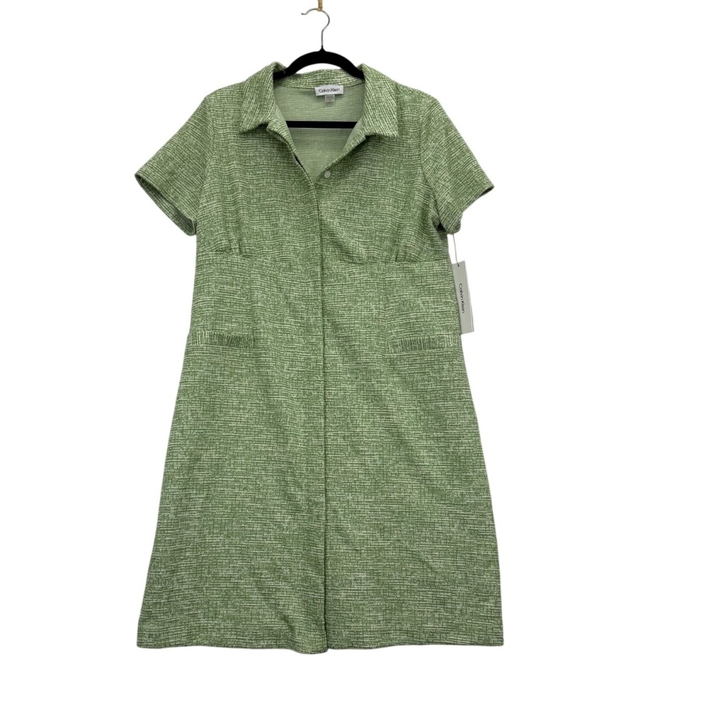 Calvin Klein Dress Women 16 NEW Green Tweed Short Sleeve A-Line MSRP $134